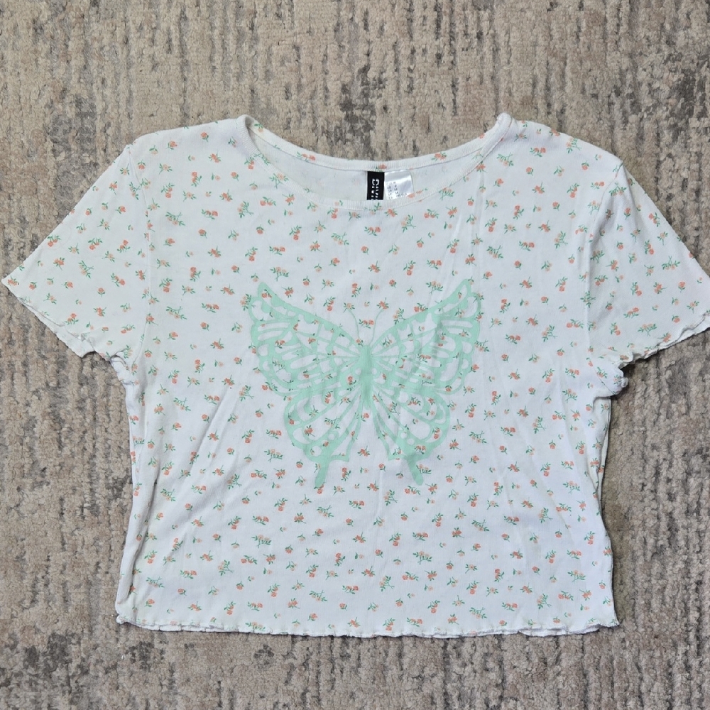 Floral Tee with Butterfly Design Cropped Y2K Baby Tee Girly Teen